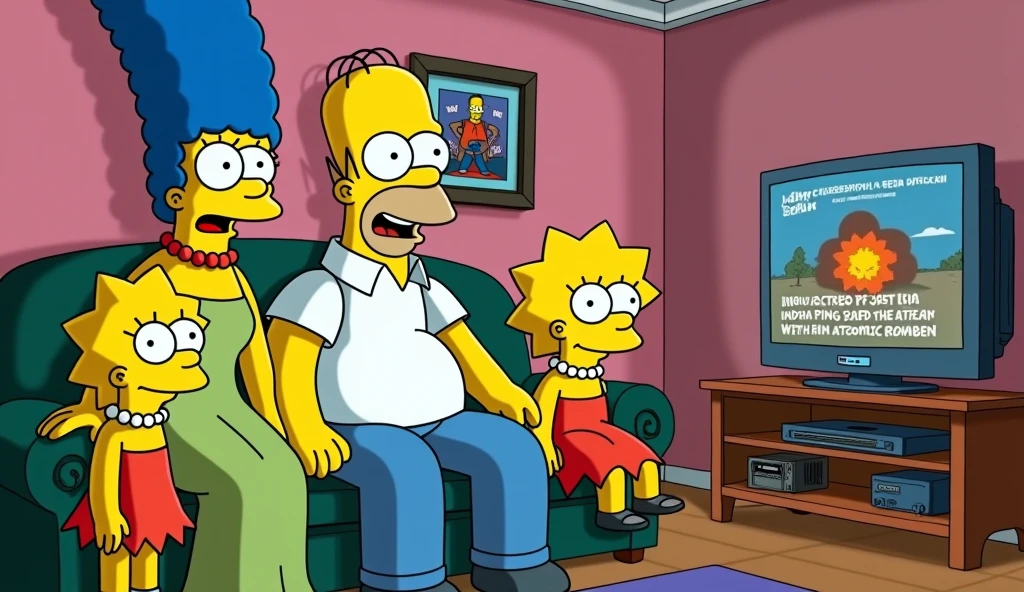 Make a thumbnail in which Simpsons cartoon show is predicting that India will attack on Pakistan by atom bomb and add text with best colour combinations 