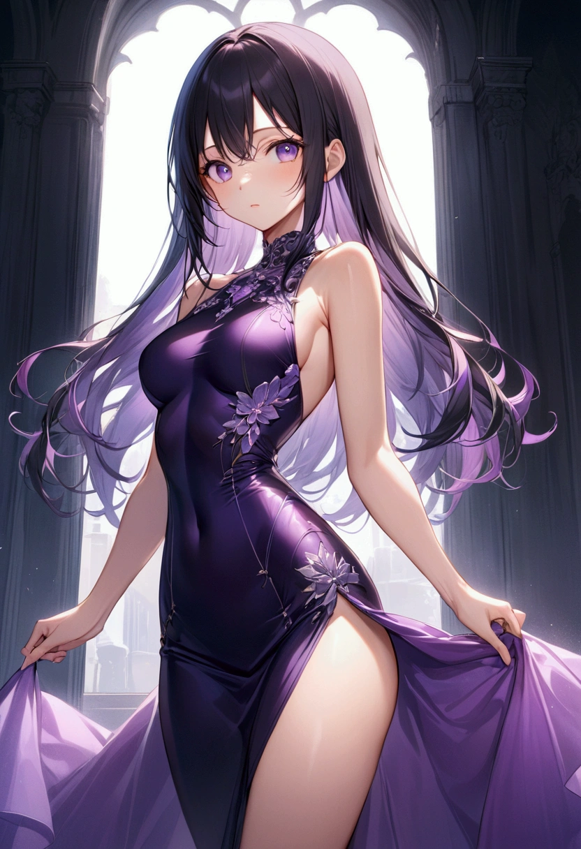 Anime girl with long straight black hair with dark purple highlights ,purple eyes,athletic body,sleevless onepiece elegant dress, detailed body, detailed eyes, masterpiece, best quality, aesthetic, standard pose