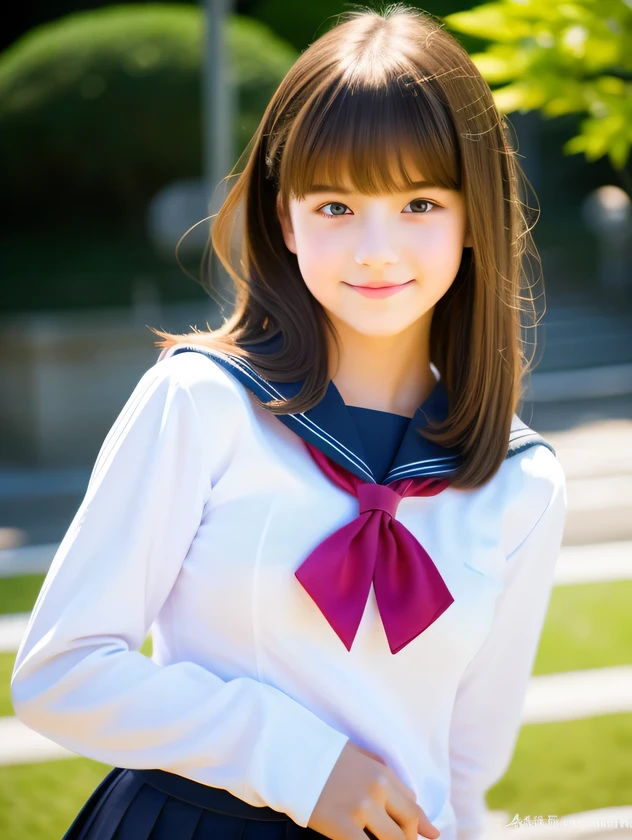 1 girl, a stunningly cute -yeld, se, medium Hair, glamorous figure, busty, (Japan schoolgirl traditional school uniform、White long sleeve sailor suit:1.2), hyper cute face, girly, glossy lips, double eyelids in both eyes, natural, long eyelashes, shiny smooth light brown hair, asymmetrical bangs, fair skin, (Many students in the background:1.2), central image, high resolution, high detail, detailed hairstyle, detailed face, Junior hicular cinematic lighting, octane rendering, vibrant, hyper realistic, perfect limbs, perfect anatomy,