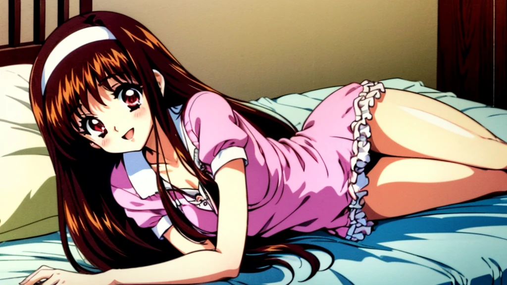 Yuuki Mizuho, One person, alone, Long Hair, hair band, Brown Hair, Red eyes, Open your mouth, blush, Lips parted, liar, On the bed, Cute Smile　Open your mouth　Lying on a white bed, From above, retro artstyle, No underwear, barefoot, Lack of shoes, No skirt, 1990s (style), expensive quality, very_expensive_solve, big_file size, Full Color,