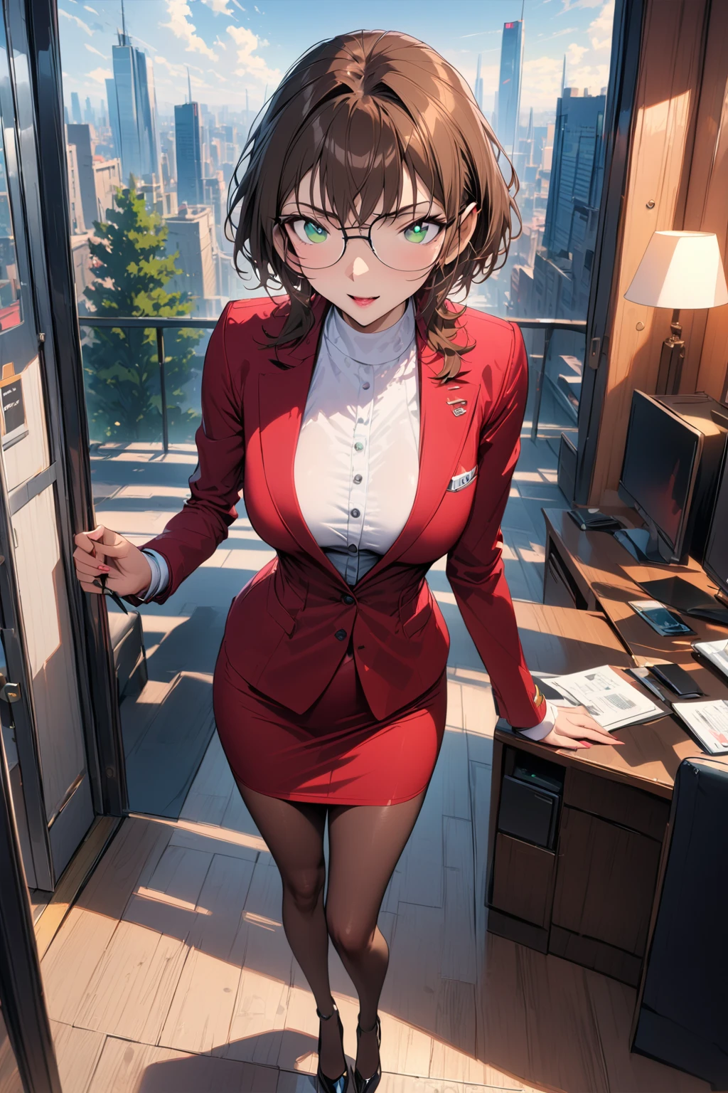 (Extremely detailed, best quality, high resolution, solo,masterpiece:1.6), A beautiful stewardess standing side by side,Anya Ivanova, Tall and thin, Long brown hair, wearing glasses ,Warmth and confidence, Provocative Red Velvet, Matching blazer, Short pencil skirt,Black high heels, Scarves, Side cover, Stay calm、Professionalism, A welcoming smile, Slender,Bright green eyes