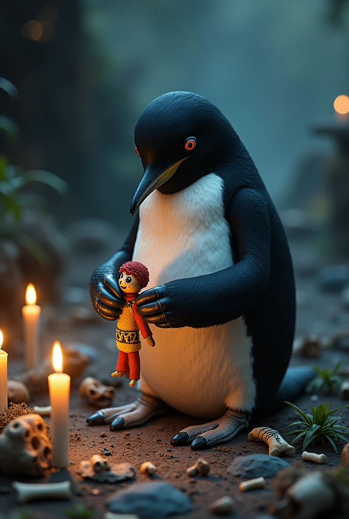 Generate an image of a penguin making a voodoo doll.