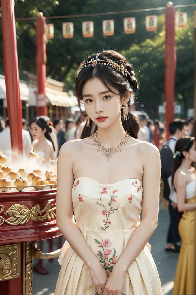 (((best quality))),(((ultra detailed))),(((masterpiece))),illustration,
((1 beautiful young girl,solo)),(bun hair:1.2)((slim,thin)),((small breasts,flat chest)),attractive, traditional Chinese attire,(Gorgeous and intricate headdress:1.3),((earrings,intricate necklace)),(strapless Exquisite embroidered maxi sleeveless sparkled dress:1.3),(slender legs:1.2),(standing:1.3),vibrant patterns, radiant complexion, joyful expression,(temple fair:1.3), bustling atmosphere, summer afternoon, sunny weather, cultural festival, street food, roasted skewers, steaming dumplings, sweet cotton candy, stalls, crafts, clothing, appreciative onlookers, sunset, ancient tradition, modern beauty, captivating scene, enchanting,(day scene:1.2),(surrounded by crowded crowds:1.3),((from front,upper body))
