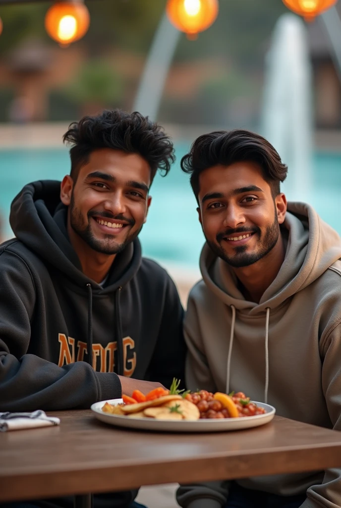 A realistic of two stylish indian young man wearing hoodies sitting on dyning table having their lunch with fair skin,Balck hair and black eyebrows with soft smile, high resolution, iphone 14 pro max , focus on details skin, behind the seen water park with low light sun reflection., they both looking at the front of camera and closed mouth.