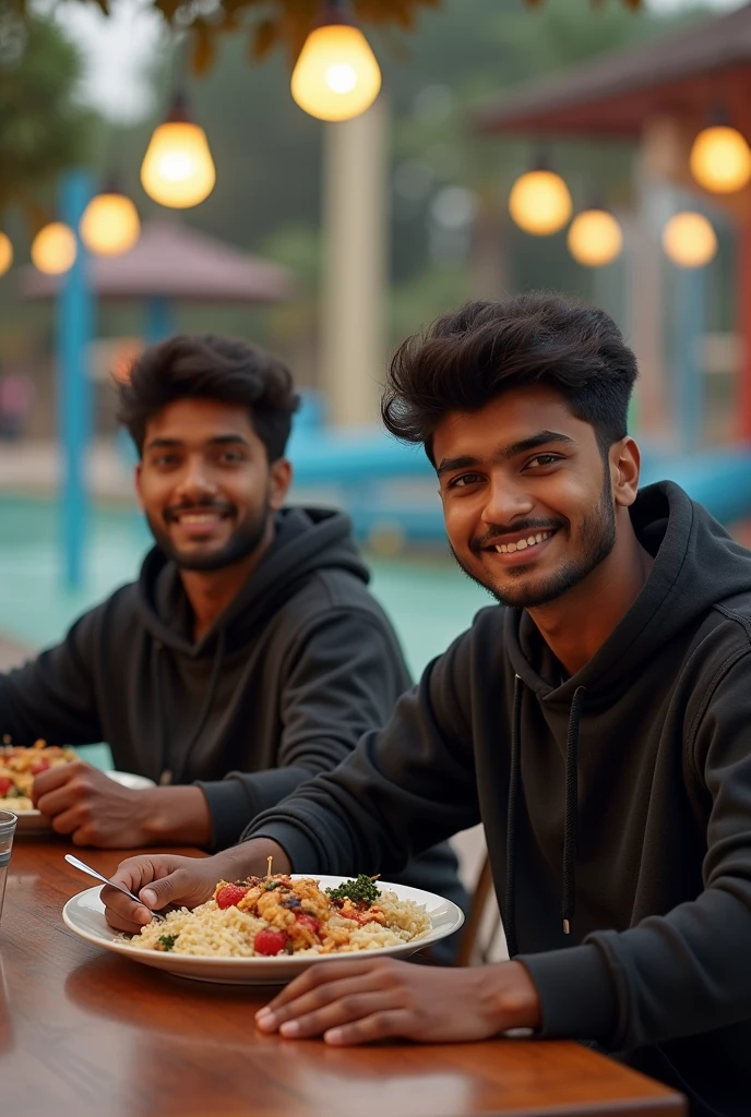 A realistic of two stylish indian young man wearing hoodies sitting on dyning table having their lunch with fair skin,Balck hair and black eyebrows with soft smile, high resolution, iphone 14 pro max , focus on details skin, behind the seen water park with low light sun reflection., they both looking at the front of camera and closed mouth.