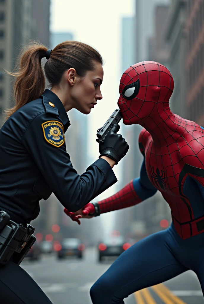 a fight between Spider-Man and the lady police and the lady police is stopping Spider-Man from moving forward, She taking gun in her hand