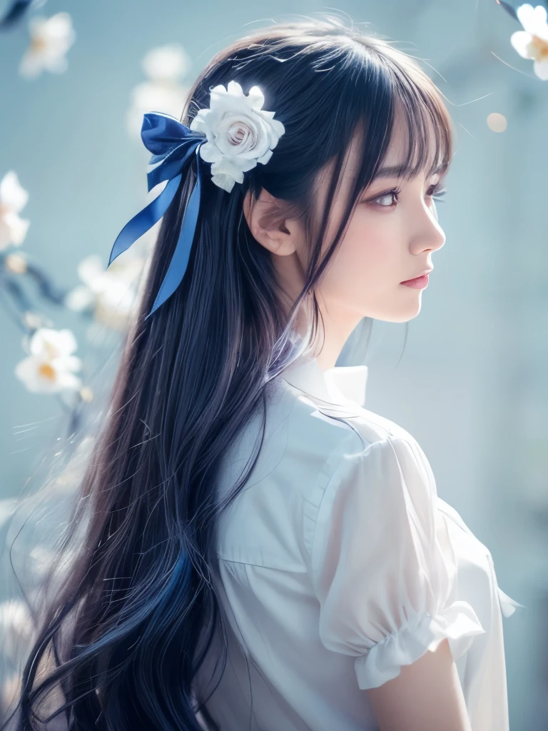 Highest quality, masterpiece, Ultra high definition,Very detailed, Detailed Background, Delicate depiction, One woman, alone, Long Hair, flower, Blue Hair, White Background, pink flower, Simple Background, profile, Upper Body, shirt, white shirt, white flower, bow, bangs, Purple eyes, leaf, blush, Depth of written boundary,
