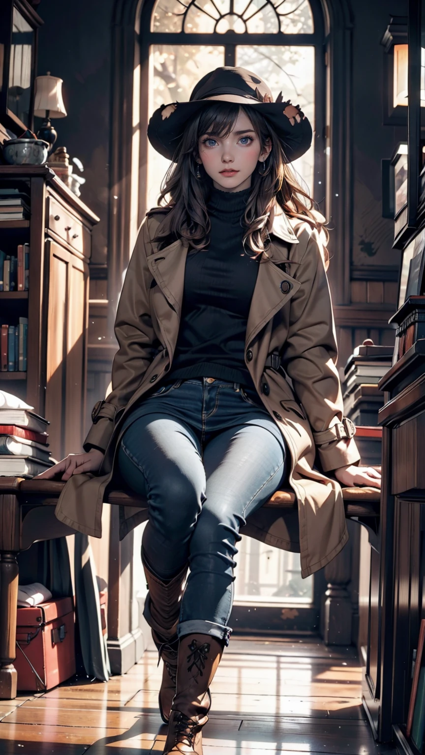 (Suspense Scene ((Concept Art)), Highly detailed image of a girl in jeans and a brown coat and boots), (Better lighting, Better Shadows, Very delicate and scary), (Digital Illustration), ((4K Painting)), [(Dynamic Angle,((One person)),Gray Hair, (Beautiful Face, Perfect Face, Scared,) Expressions of fear, Torn clothes, Holding a gun in your hand, Sitting on the floor, darkness, Scary House),  [:(dark, mysterious, Game Paint, An ominous setting, Jagged Hallway, Big House, silence):]