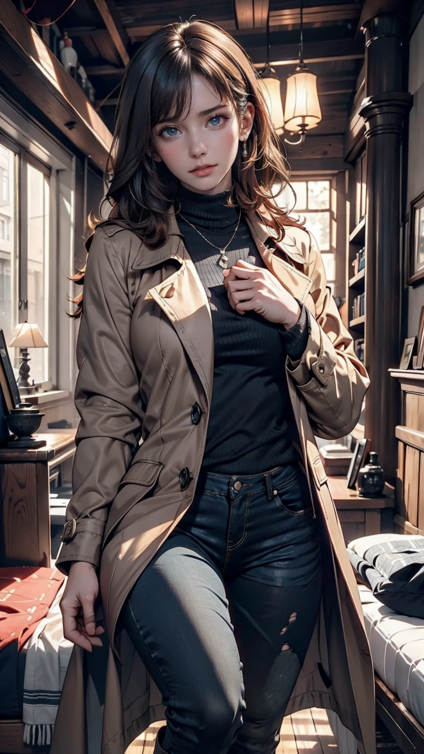 (Suspense Scene ((Concept Art)), Highly detailed image of a girl in jeans and a brown coat and boots), (Better lighting, Better Shadows, Very delicate and scary), (Digital Illustration), ((4K Painting)), [(Dynamic Angle,((One person)),Gray Hair, (Beautiful Face, Perfect Face, Scared,) Expressions of fear, Torn clothes, Holding a gun in your hand, Sitting on the floor, darkness, Scary House),  [:(dark, mysterious, Game Paint, An ominous setting, Jagged Hallway, Big House, silence):]
