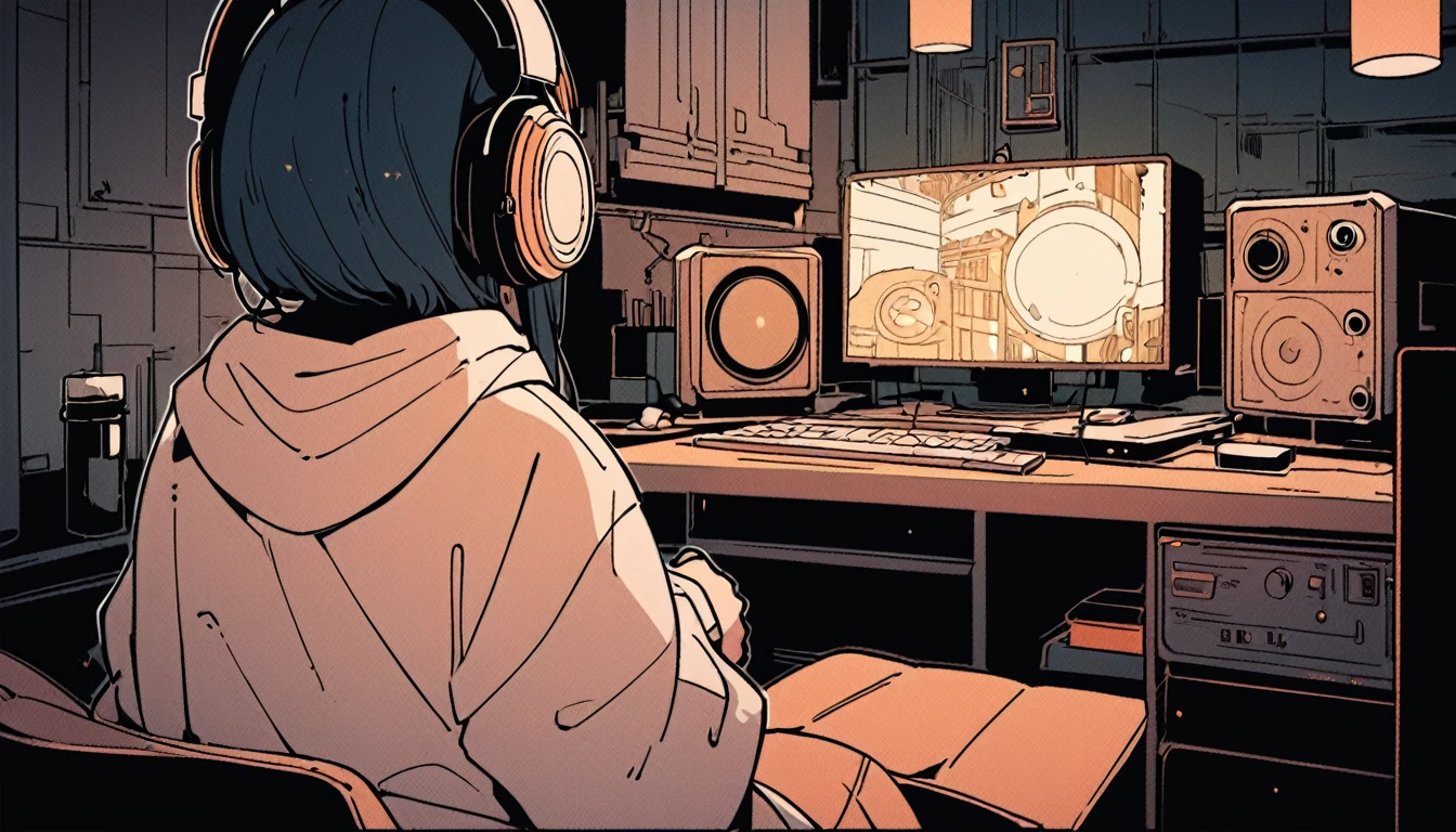 LOFI,Lofty Girl,Lo-fi art style,Anime aesthetics,Lo-fi illustration,relaxed mood,A room with a living feel,Drinking coffee and listening to music on headphones,Line art,Night view,Back view