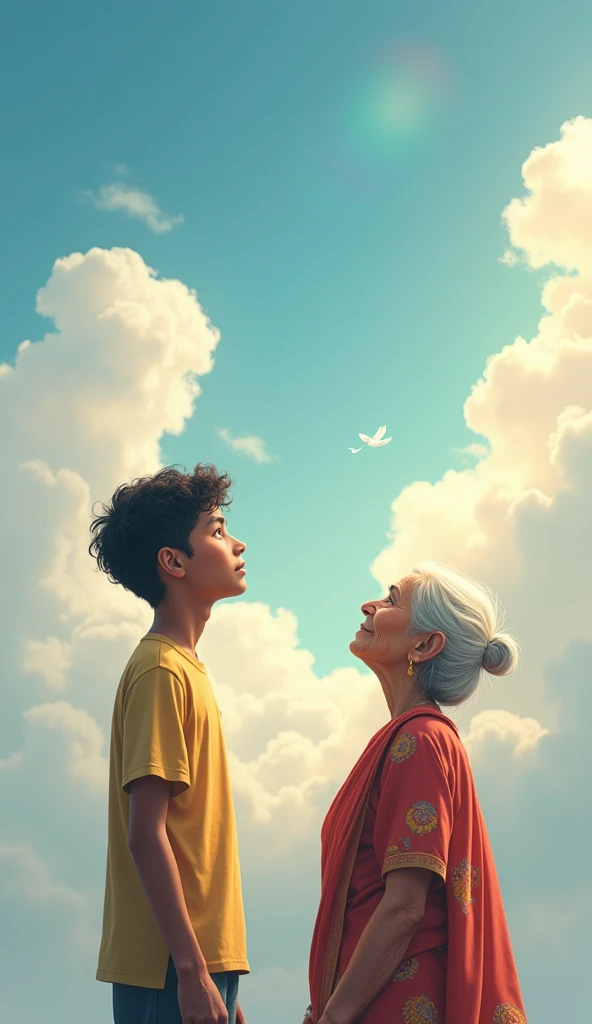 A 17 year boy Prasoon with his old maternal grandmother showing something to her in clouds