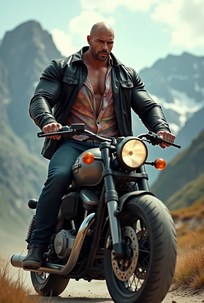 40 years old body builder white bald men wearing unbuttoned double pocket multi colored shirt and black leather jacket on heavy motor bike in mountain area