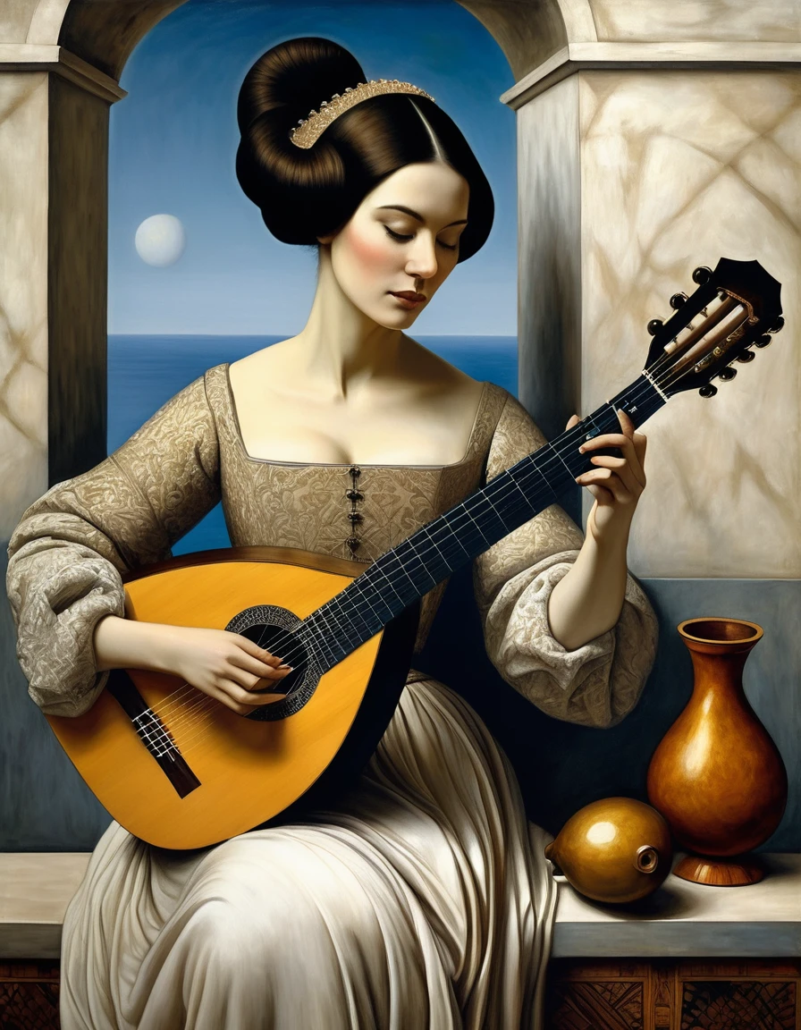painting of a woman with a guitar in her hand, lute, holding a lute, playing a lute, dmitry kochanovich, benjamin vniuk, inspired by matthieu le nan, guitarist, world of the lute, rene magritte. detailing, santiago caruso style, elena belova, victor denis, wood tempera, chie yoshii