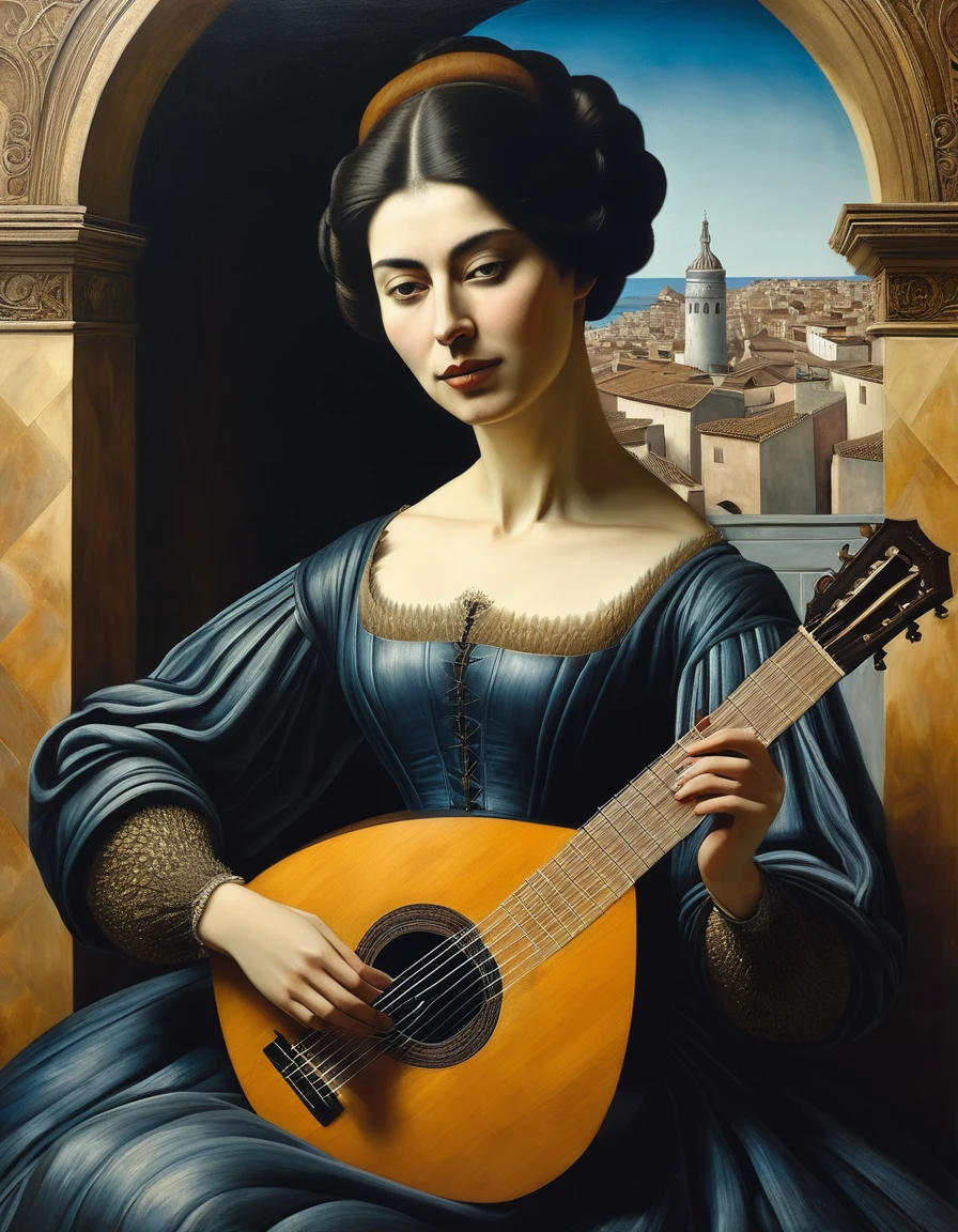 painting of a woman with a guitar in her hand, lute, holding a lute, playing a lute, dmitry kochanovich, benjamin vniuk, inspired by matthieu le nan, guitarist, world of the lute, rene magritte. detailing, santiago caruso style, elena belova, victor denis, wood tempera, chie yoshii