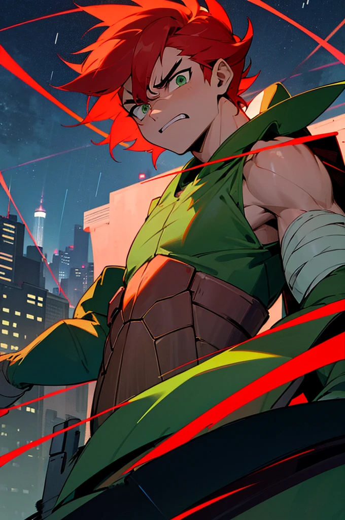 1boy, turtle boy, turtle shell, red bandana, green eyes, upper body, (angry:1.2), upper body, bandages, standing, from below, outdoors, rooftop, on roof, night, wind, night, night sky, new york, rain,, arms on sides, serious expression, red hair,