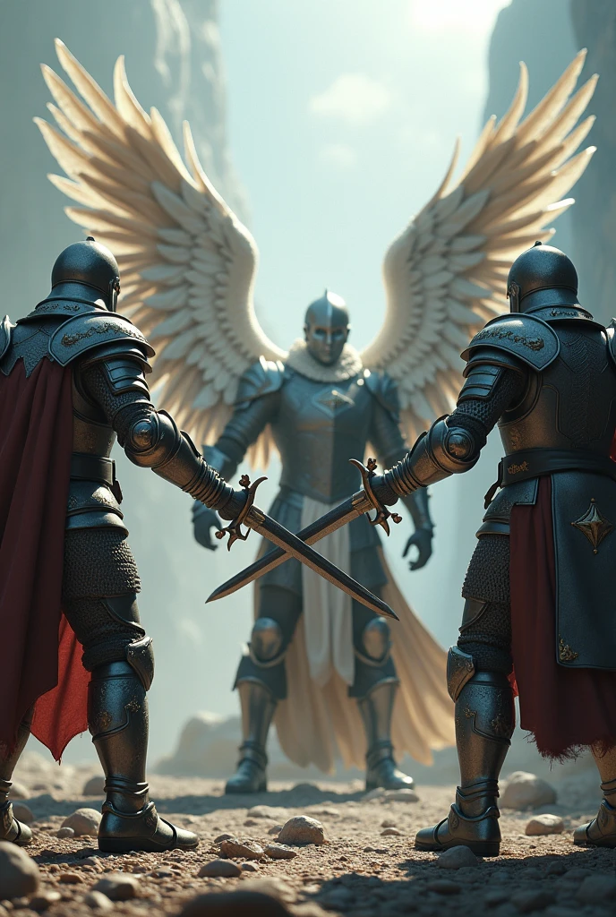 Three men in armor and swords, one with wings in the middle