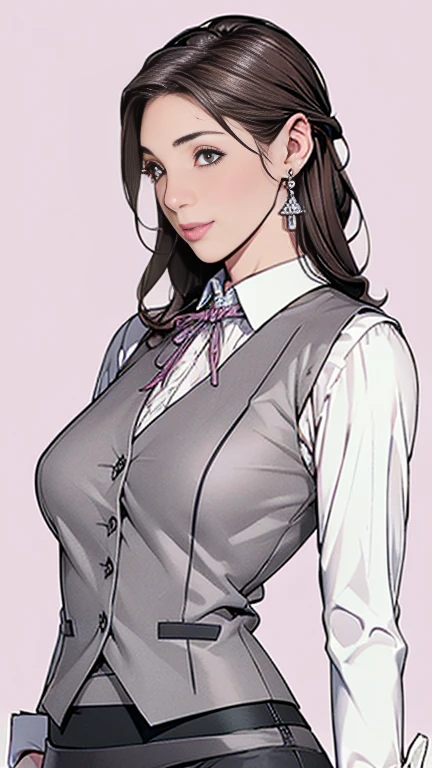 ((((1 Lady Lil,)))) (masterpiece), (Realistic), (Highest quality), (Very detailed), Awesome 30 year old wife, Panty shot, Long brown hair, office lady, Wearing a pink plaid vest, White short sleeve shirt, Grey pencil skirt, Wear stiletto heels, necklace, Earrings, Cute Face, smile, blush, Shyness, Glass Wall, Super detailed, Realistic, Front view, whole body, (Wearing [[White and grey check pattern]] A vest worn over a white-collared long-sleeved shirt:1.4), (Grey buttoned vest:1.2), (Pink Theme:1.2), (blue ribbon ribbon:1.3), (Black Theme:1.4), (tight black pencil skirt:1.5), ((Brown pantyhose)), (High heels:1.1),Long skirt,transaction machine, Office chair,Lullabre Unity 8K Wallpaper, Beautiful background, clearly, Highest quality, Highest Resolution, Best aesthetics,Very detailed CG ユニティ 8k,