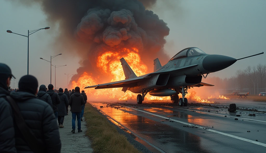 Russia's most expensive SU-57 fighter jet crashed on a highway and exploded. put out quite a big fire. and thick black smoke surrounded it. surrounded by many people