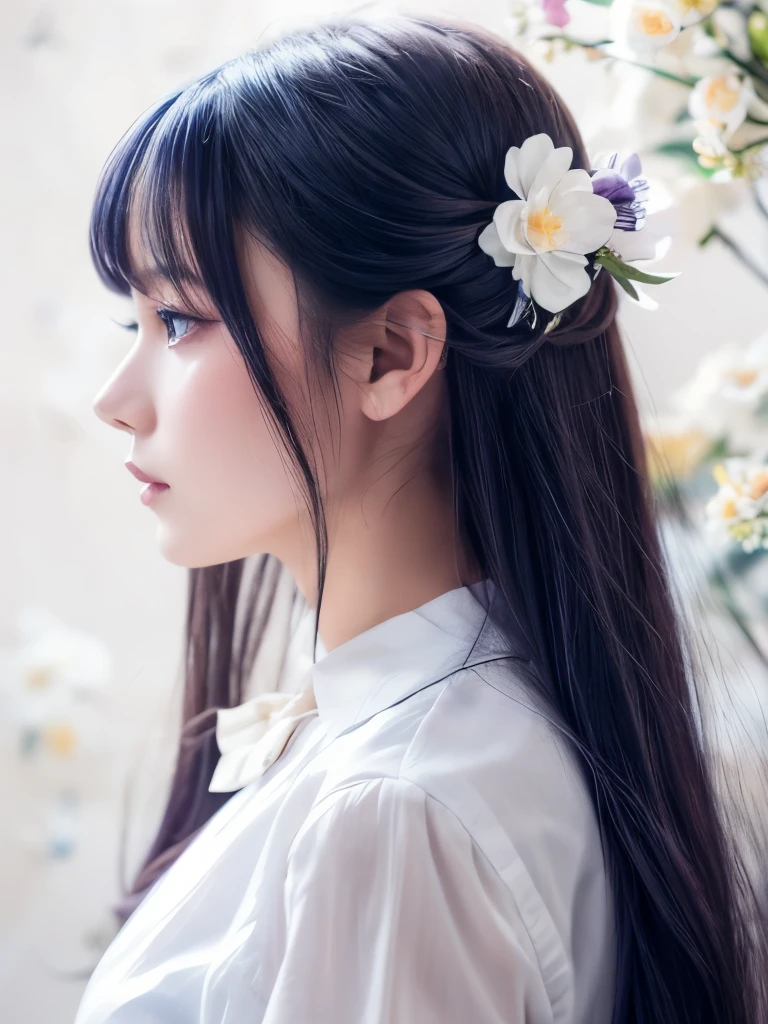 Highest quality, masterpiece, Ultra high definition,Very detailed, Detailed Background, Delicate depiction, One woman, alone, Long Hair, flower, Blue Hair, White Background, pink flower, Simple Background, profile, Upper Body, shirt, white shirt, white flower, bow, bangs, Purple eyes, leaf, blush, Depth of written boundary,