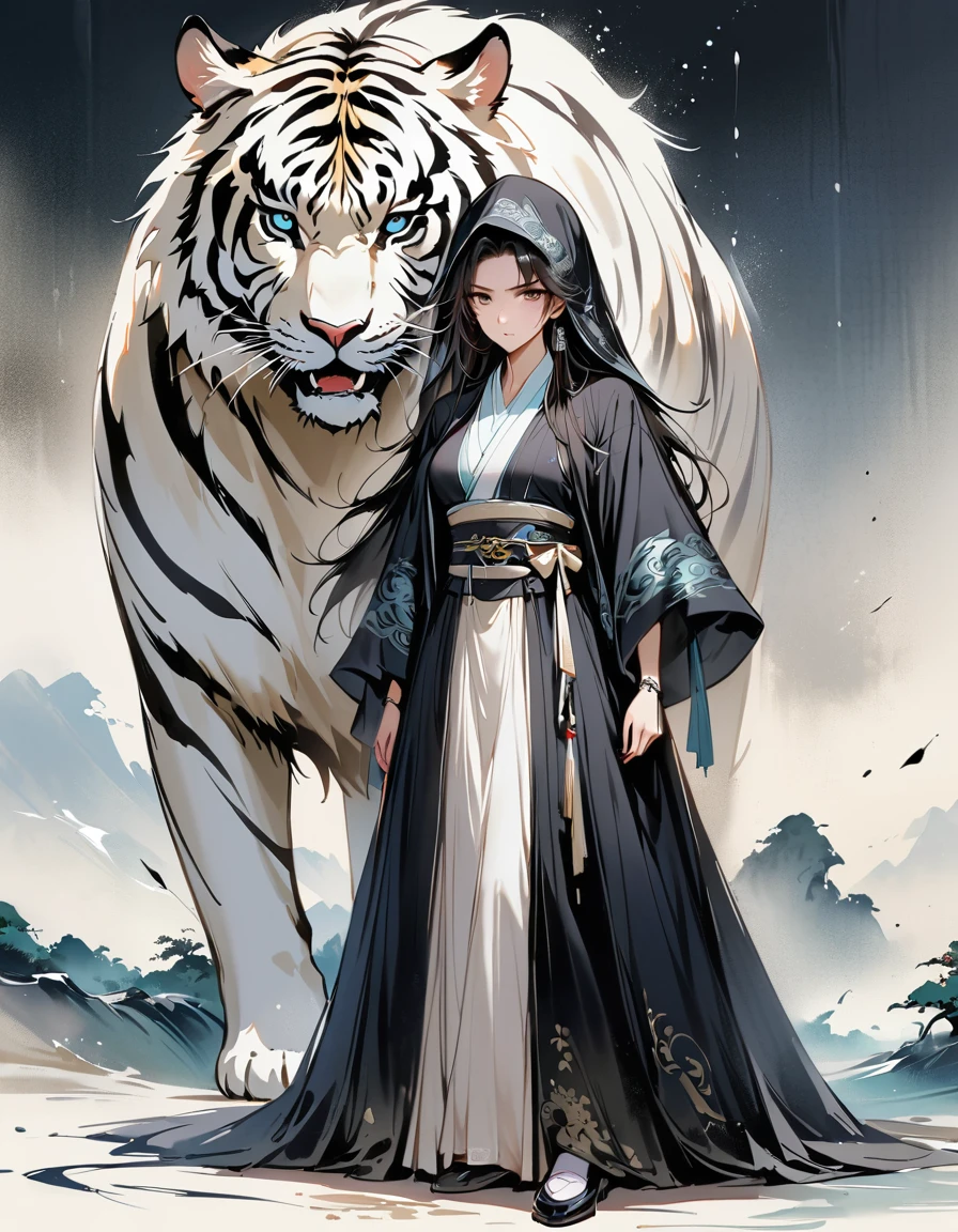 (masterpiece, best quality:1.2), 1 girl, Solitary,Two Dimensions,Astonishing,Inspired by Guilin’s myths and legends, China:Liu Sanjie,A bust of A woman 白色的长发,black eyes, A woman, A cloak over his head, Metal jewelry, Serious expression, Attack, Bow your head, Hanfu, Black clothes, icy look in the eye, Loose hair, (Ink stains) Beautiful character painting, Clothing black and white ink style, Delicate skin tone, watercolor, Soft, Martial Arts Styles, Ethnic style, Delicate and beautiful face, belt, Sharp eyesight,Dark Theme,The ferocious beast behind,tiger,Body Movements,whole body,shoe,sock