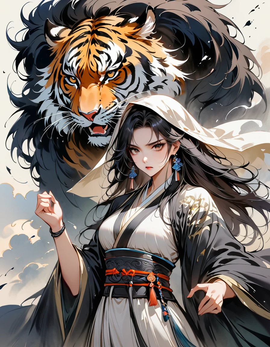 (masterpiece, best quality:1.2), 1 girl, Solitary,Two Dimensions,Astonishing,Inspired by Guilin’s myths and legends, China:Liu Sanjie,A bust of A woman 白色的长发,black eyes, A woman, A cloak over his head, Metal jewelry, Serious expression, Attack, Bow your head, Hanfu, Black clothes, icy look in the eye, Loose hair, (Ink stains) Beautiful character painting, Clothing black and white ink style, Delicate skin tone, watercolor, Soft, Martial Arts Styles, Ethnic style, Delicate and beautiful face, belt, Sharp eyesight,Dark Theme,The ferocious beast behind,tiger,Body Movements,whole body,shoe,sock