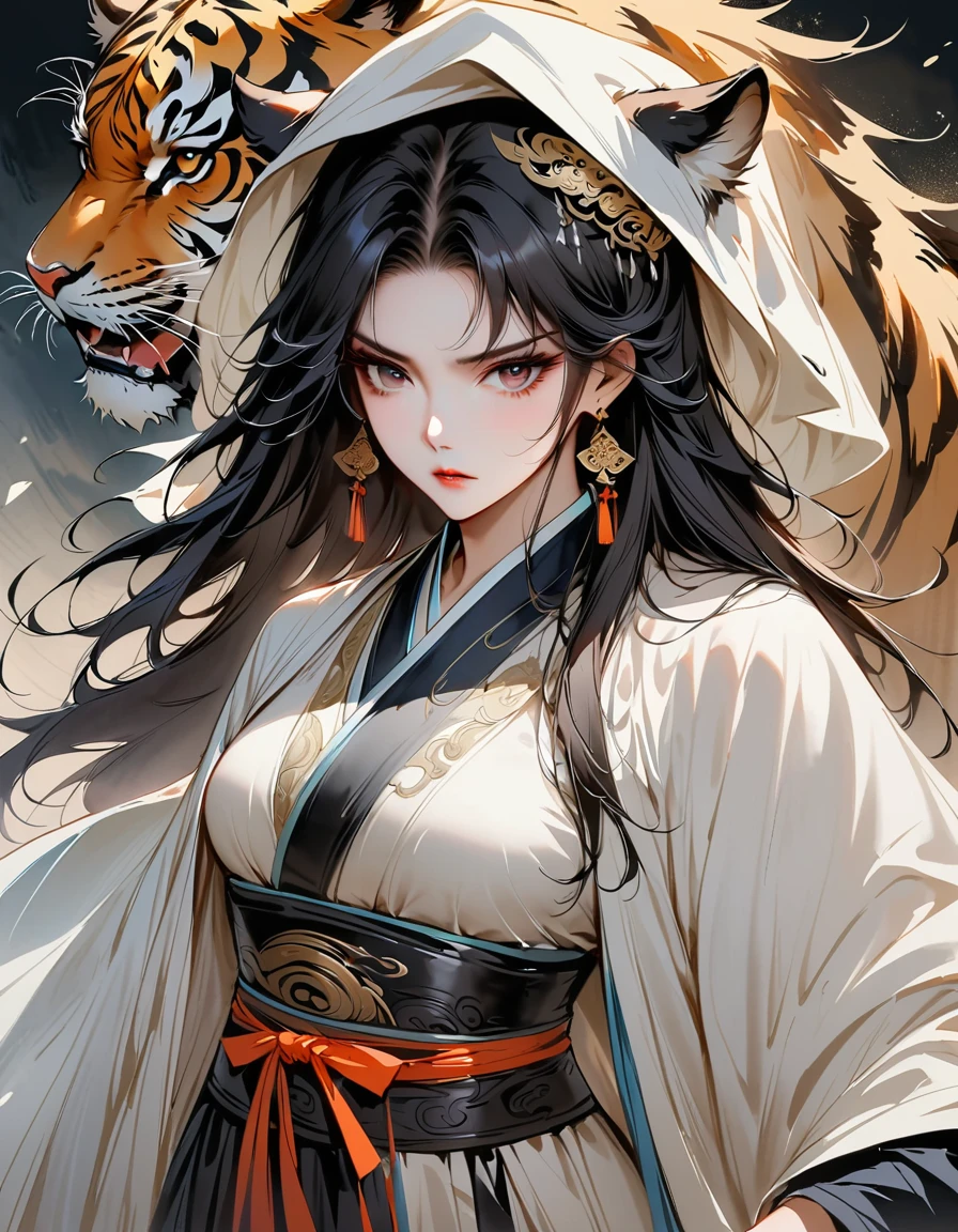 (masterpiece, best quality:1.2), 1 girl, Solitary,Two Dimensions,Astonishing,Inspired by Guilin’s myths and legends, China:Liu Sanjie,A bust of A woman 白色的长发,black eyes, A woman, A cloak over his head, Metal jewelry, Serious expression, Attack, Bow your head, Hanfu, Black clothes, icy look in the eye, Loose hair, (Ink stains) Beautiful character painting, Clothing black and white ink style, Delicate skin tone, watercolor, Soft, Martial Arts Styles, Ethnic style, Delicate and beautiful face, belt, Sharp eyesight,Dark Theme,The ferocious beast behind,tiger,Body Movements,whole body,shoe,sock