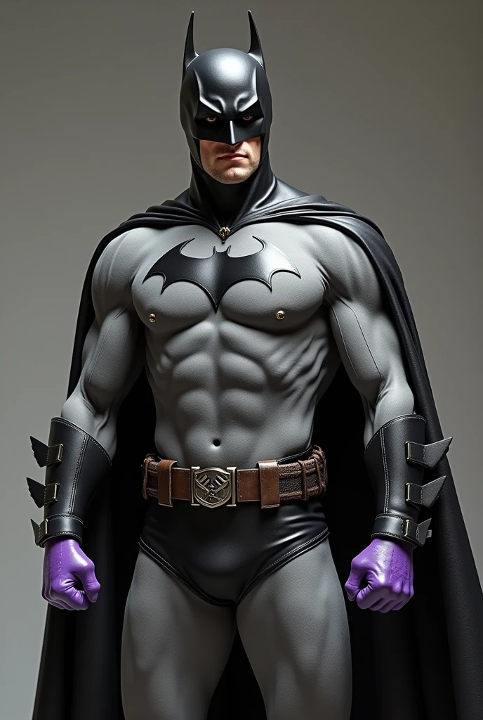 Batman wearing a simple cotton fabric, padded bodysuit with detailed stitching seams. Black leather trunks over the bodysuit. Short purple gloves. No gauntlets and no spikes on gloves. Take inspiration from football uniforms from the 1930s. Photo realistic.