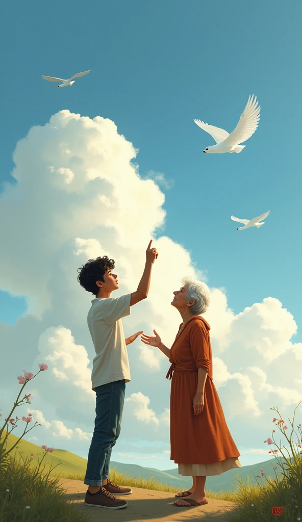 A 17 year boy Prasoon with his old maternal grandmother showing something to her in clouds