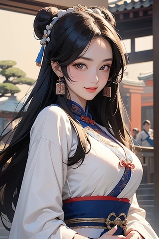 ( High resolution、 Super detailed)、masterpiece、Highest quality、High resolution、8k、Detailed Anime、Buildings from the Tang Dynasty、Tang Dynasty China、Tang Dynasty China、Young and beautiful woman、Beautiful Face、Beautiful Face、Pretty lips、Ample breasts、Hanfu、Hair styled in a bright-colored round bun、Smiling eyes、Walking、Cowboy Shot、background、Buildings from the Tang Dynasty、Street scene of Tang Dynasty China、Detailed CG、