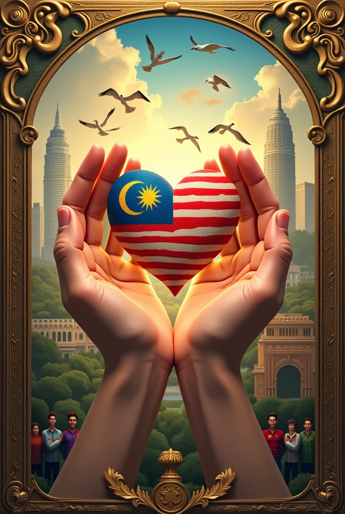 Two Big hand holding a heart made caring of malaysia flag
Surrounding by :
- birds represent freedom
- big building malaysia petronas , a famosa, merdeka square, king palace, flag
- tengku abdul rahman shouting merdeka
- add gold frame antique outer line for illust
- malaysia flag
- big monuments malaysia
- add ethcnic chinese, malay and indian