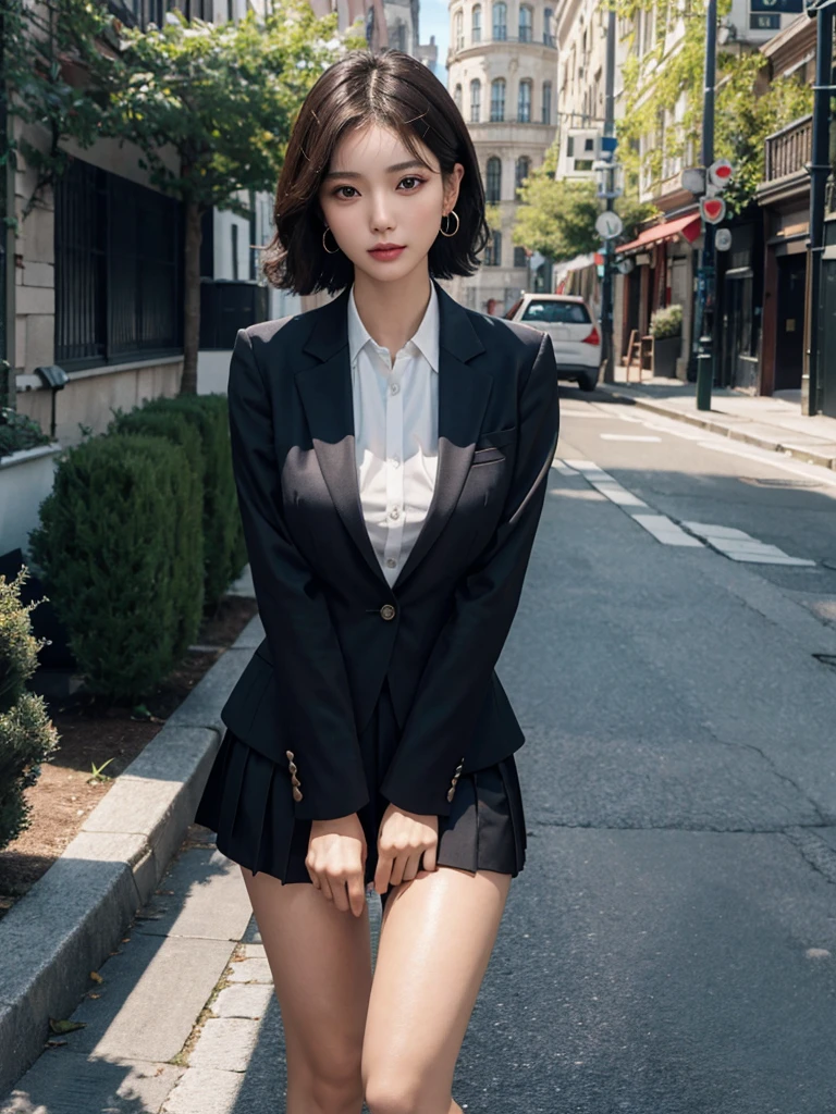 School_uniform, Skirt, Blazer, absurdres, RAW photo, extremely delicate and beautiful, masterpiece, Best Quality, ultra high resolution, 32k, hyperrealistic, ultra-detailed, in her 20s, delicate facial features, tearful mole, earring, medium breasts, full body shot, shorter middle hair, black hair,