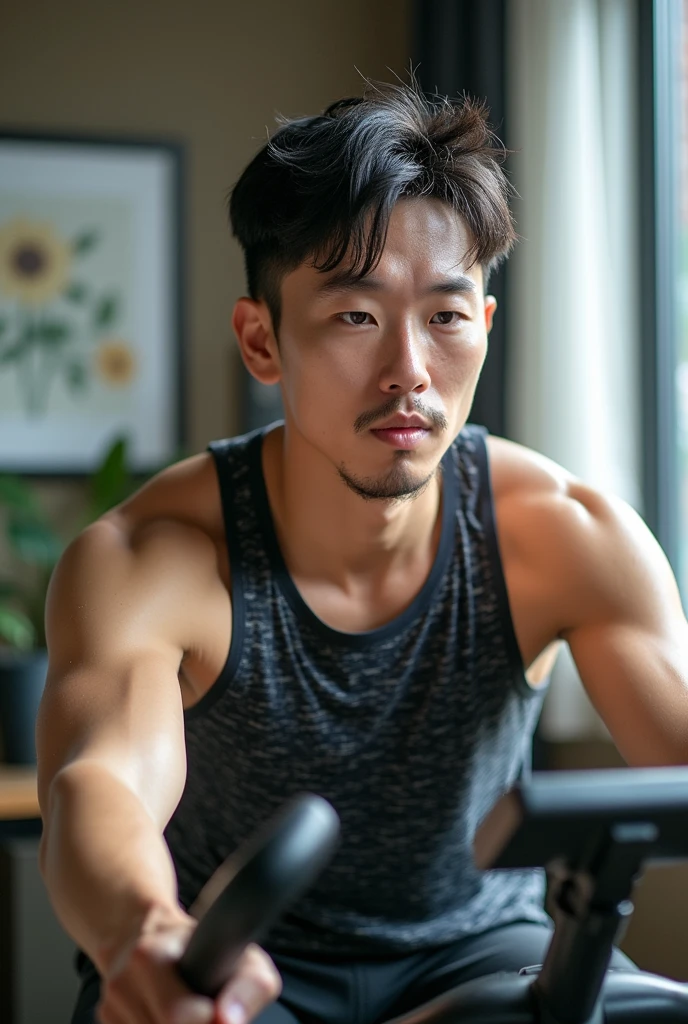 A picture of a Korean gentleman wearing sportswear while exercising on an indoor bike, sweating profusely but showing a refreshing feeling as if all the cells in his body are blooming like flowers.