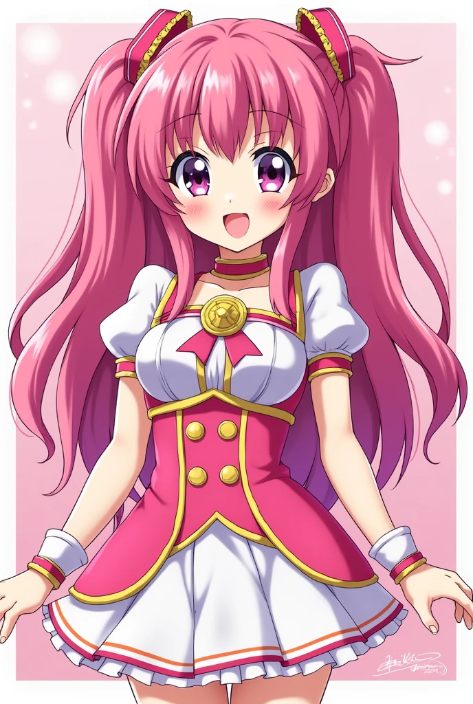 masterpiece, Highest quality, Attention to detail, cuteピクセルアート, Vivid, young woman, cute, smile, Facing the front, Open your mouth,Flashy idol costumes,Pretty Cure,Cel painting,whole body,Tons of accessories,Anime for girls,White margin