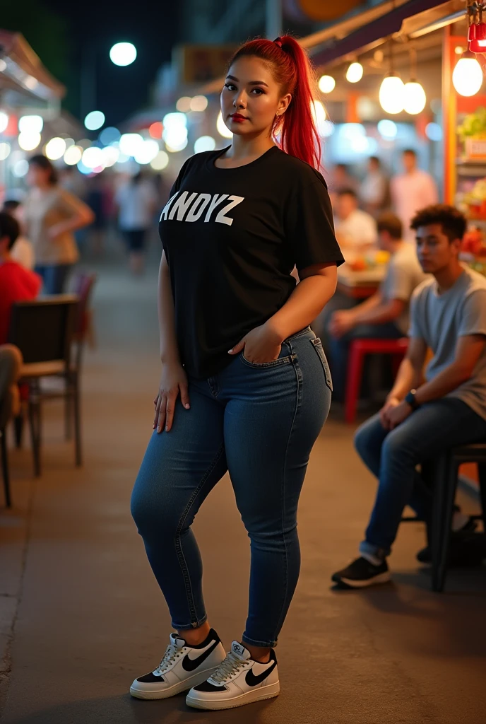 professional portrait photograph of a gorgeous 35years old white women, curve body(big breast), ponytail hair(red), cute natural makeup, wearing casual black (printing with text ANDYZ)t-shirts and tight jeans, (nike sneakers), many people((sitting in a chair at nights in the streets market)), ultra realistic, sexy elegant, highly detailed, intricate, sharp focus((full body)), depth of field, f/1. 8, 85mm, medium shot, mid shot, (((professionally color graded))), bright soft diffused light, (volumetric fog), trending on tiktok, hdr 4k, 8k