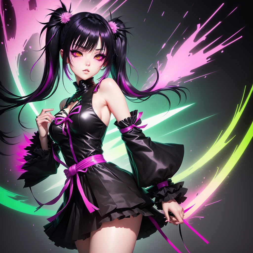 A cool Japanese manga-style illustration,Goth style with black, magenta and fluorescent green,One person, Twintails tied high, Magenta and fluorescent green gradient hair, Slanted Eyes, Solemn, 