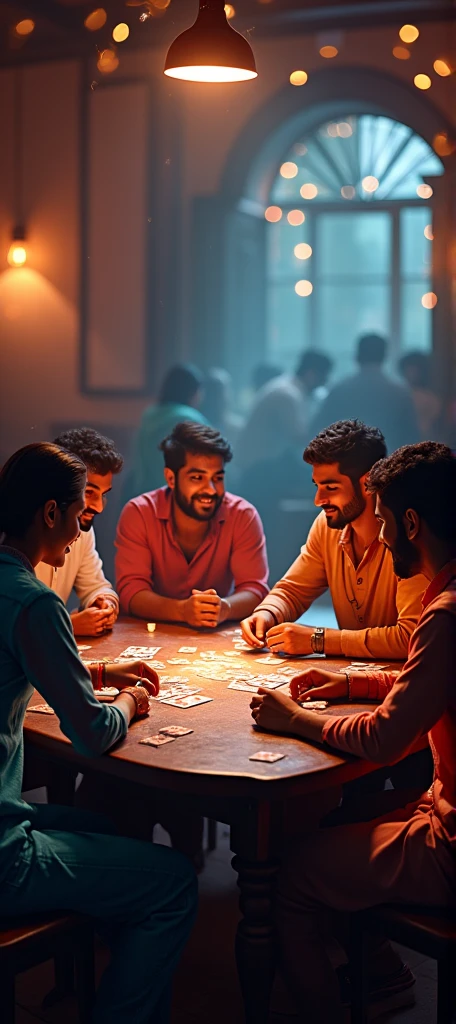 The login screen of a card game,panoramic,A few young Indian people playing cards together,(best quality, high resolution, HDR, Practical), Bright colors,Dim Lights,