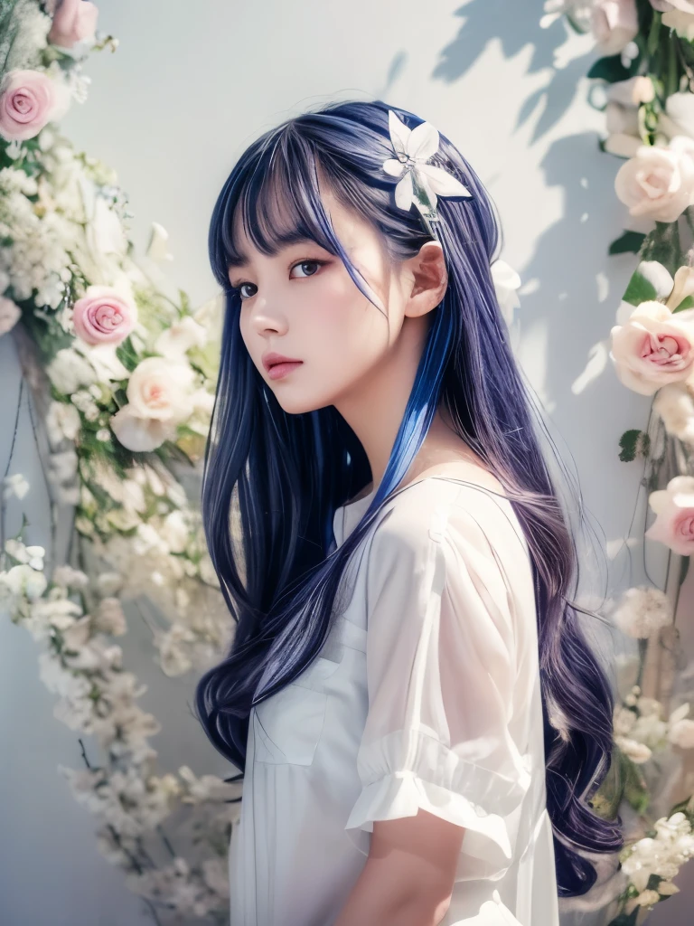 Highest quality, masterpiece, Ultra high definition,Very detailed, Detailed Background, Delicate depiction, One woman, alone, Long Hair, flower, Blue Hair, White Background, pink flower, Simple Background, profile, Upper Body, shirt, white shirt, white flower, bow, bangs, Purple eyes, leaf, blush, Depth of written boundary,
