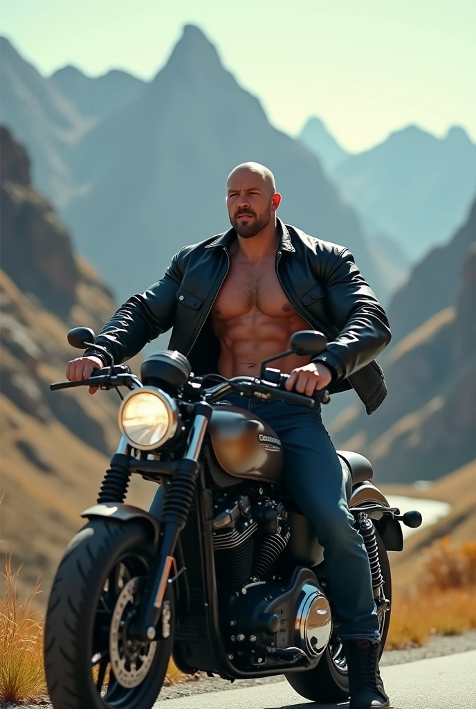 40 years old body builder white bald men wearing unbuttoned double pocket multi colored shirt and black leather jacket on heavy motor bike in mountain area