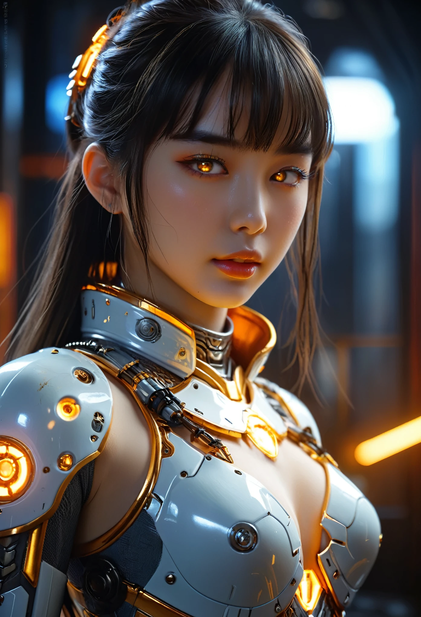 (Best Quality, 4K, 8K, High Resolution, Masterpiece: 1.2), (Super Detailed, Realistic, Photorealistic:1.37), A woman in futuristic clothing, Trending on cgstation, Trending on cgstation, (Portrait of a girl in the Knights of the Zodiac:1.4), blunt bangs, Cute Cyborg Girl, Perfect android girl, Portrait Astronaut Girl, Beautiful girl cyborg, Girl wearing orange black mechanical cyber armor, Game CG, cgsociety and fenghua zhong, Beautiful Cyborg Shrine Maiden, Bioluminescence, Yua, (Golden eyes:1.5), Anatomically correct grip, (Sharp and long claws:1.4), erotic and sexy,