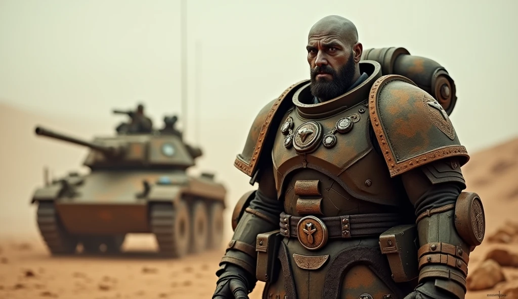 'Force Commander Gabriel Angelos : Suffer not the alien, the mutant, the heretic. Force Commander Gabriel Angelos : He who stands with me shall be my brother. Force Commander Gabriel Angelos : The planet of Tartarus is ravaged.' Written clearly across the top of the screen. a grim battle-scarred Ultramarine Space Marine helmet off, standing next to a battle-scarred Rhino combat tank in a windy desert daytime, glamour shot from low angle, (best quality,4k,8k,highres,masterpiece:1.2),ultra-detailed,(realistic,photorealistic,photo-realistic:1.37),cinematic lighting,dramatic shadows,moody atmosphere,gritty,high contrast,muted colors,worn textures,imperfections,weathered,rugged
