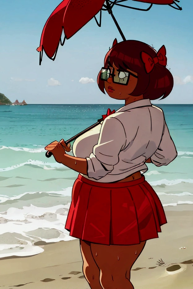 1girl, breasts, freckles, beach, skirt, solo, glasses, brown_hair, thighs, shoes, thick_thighs, plump, hair_bow, bow, socks, outdoors, black-framed_eyewear, short_hair, huge_breasts, lying, navel, cleavage, sand, red_skirt, body_freckles, starfish, pleated_skirt, underwear, panties, red_bow, day, red_footwear, beach_towel, ocean, towel, sneakers, sweat, on_back, umbrella, flower, fat