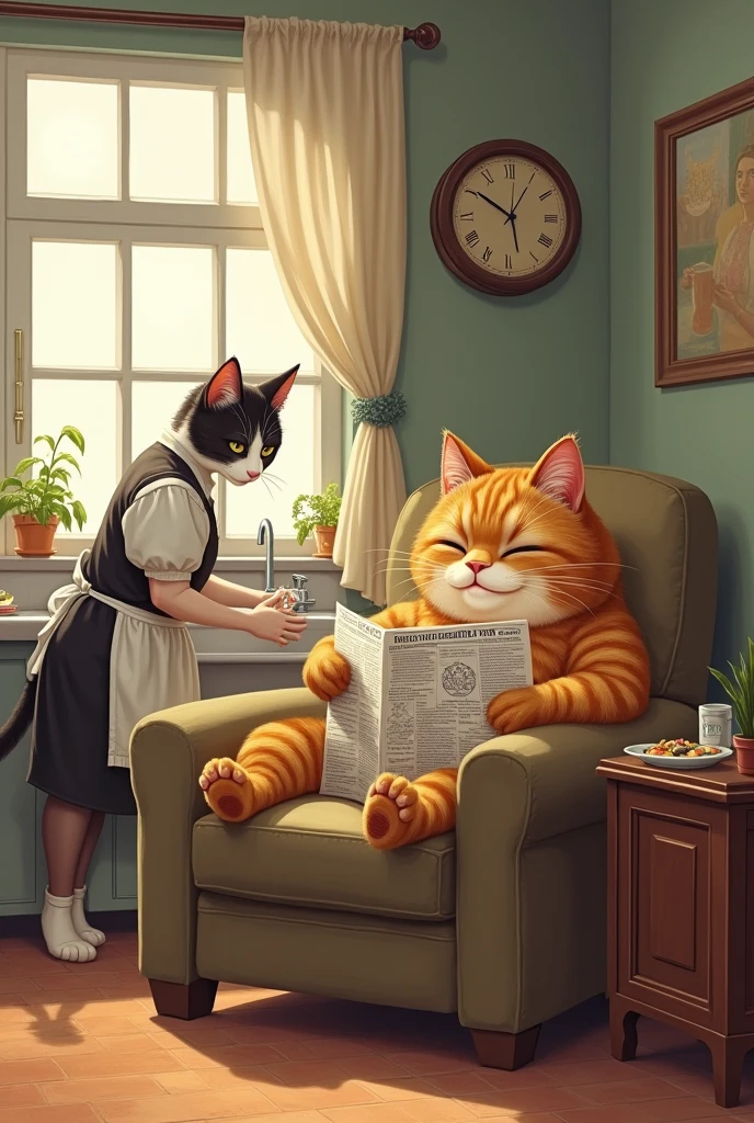 A fat cat sitting in a chair reading a newspaper while his wife cat does the dishes