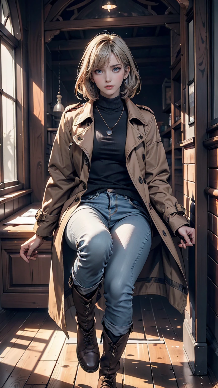 (Suspense Scene ((Concept Art)), Highly detailed image of a girl in jeans and a brown coat and boots), (Better lighting, Better Shadows, Very delicate and scary), (Digital Illustration), ((4K Painting)), [(Dynamic Angle,((One person)),Gray Hair, (Beautiful Face, Perfect Face, Scared,) Expressions of fear, Torn clothes, Holding a gun in your hand, Sitting on the floor, darkness, Scary House),  [:(dark, mysterious, Game Paint, An ominous setting, Jagged Hallway, Big House, silence):]
