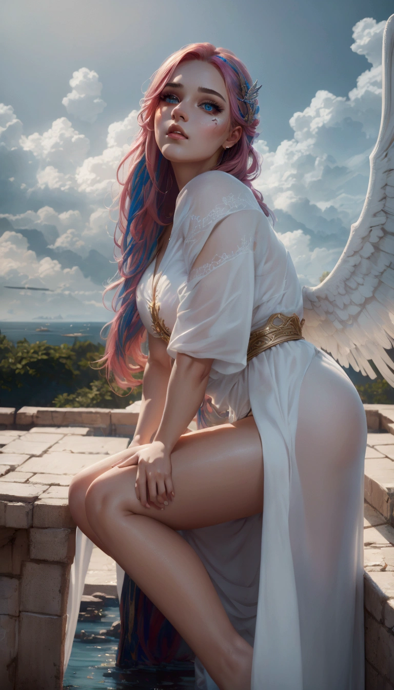 beautiful detailed girl, 1girl, colorful hair, white wings, detailed face, beautiful detailed eyes, beautiful detailed lips, extremely detailed portrait, cinematic lighting, fantasy, magical, (best quality,4k,8k,highres,masterpiece:1.2),ultra-detailed,(realistic,photorealistic,photo-realistic:1.37),vibrant colors,ethereal,angelic,glowing,dramatic lighting,intricate details,digital painting,cinematic composition