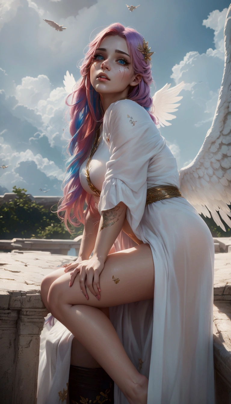 beautiful detailed girl, 1girl, colorful hair, white wings, detailed face, beautiful detailed eyes, beautiful detailed lips, extremely detailed portrait, cinematic lighting, fantasy, magical, (best quality,4k,8k,highres,masterpiece:1.2),ultra-detailed,(realistic,photorealistic,photo-realistic:1.37),vibrant colors,ethereal,angelic,glowing,dramatic lighting,intricate details,digital painting,cinematic composition