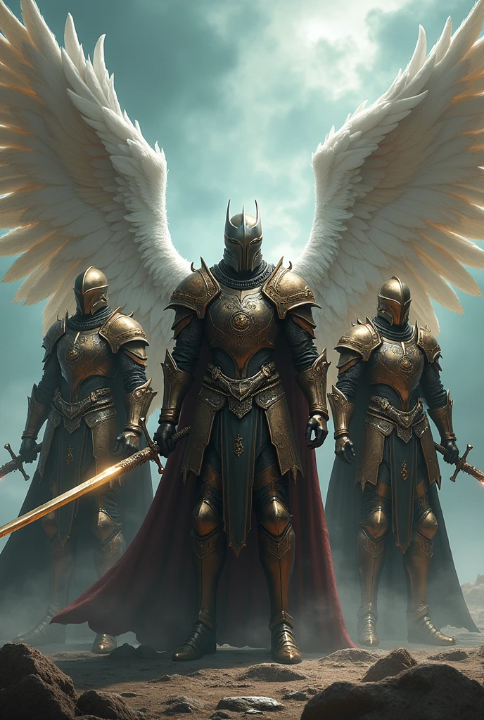 Three men in armor and swords, one with wings in the middle
