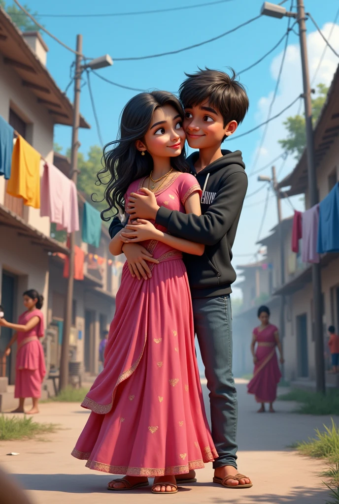 realistic indian 19-Year-old cute girl drying clothes with home top with rope wire and background of blue sky in Indian Street and wearing pink lehenga and 20 year old boy standing hugging girl back with Look at the girl with second home top boy Wearing black hoodie written name”Raghav’ on it by the way mother going home top around, some many going, and , 3D art painting realistic photo with high resolution.”