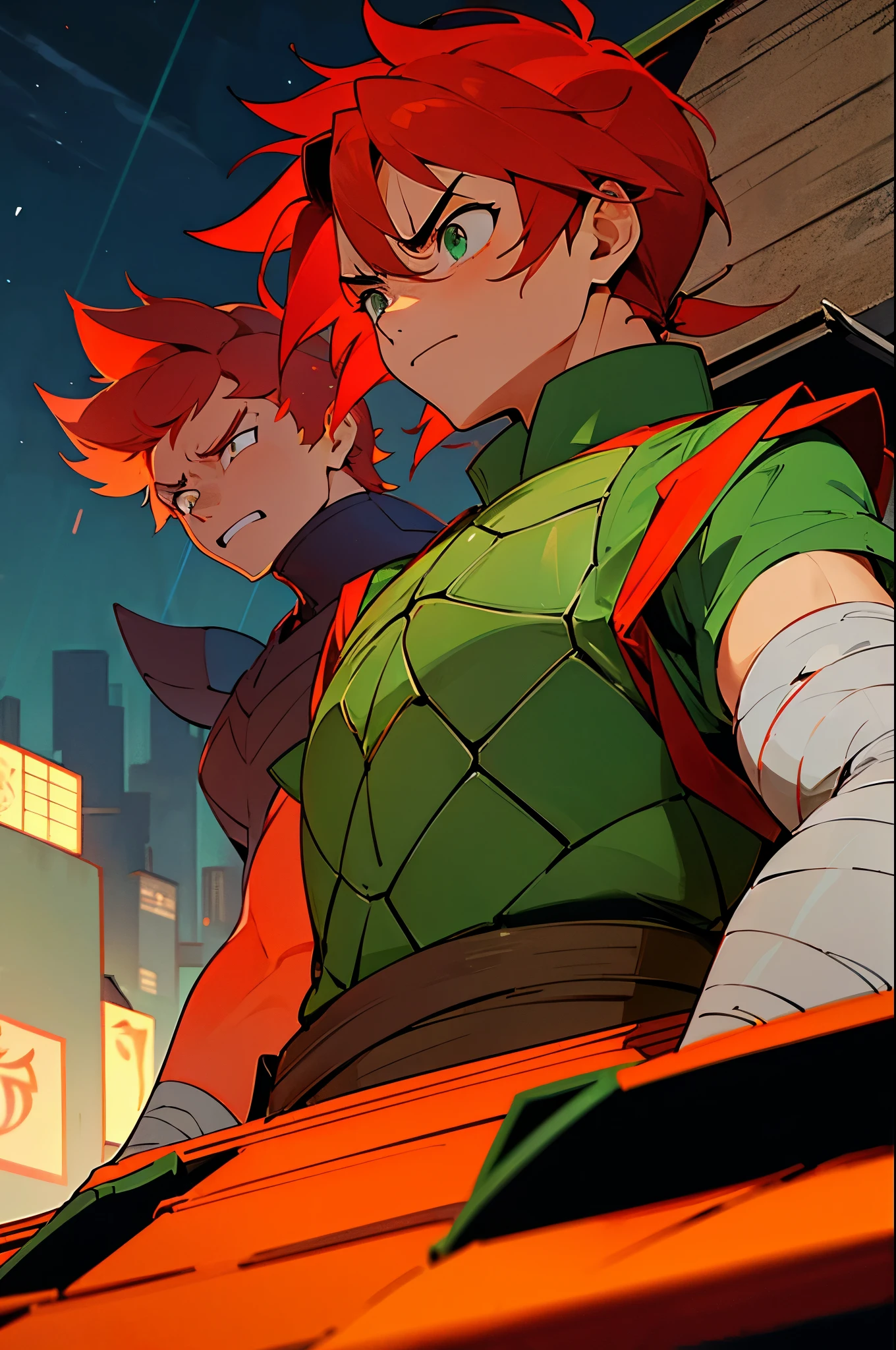 1boy, turtle boy, turtle shell, red bandana, green eyes, upper body, (angry:1.2), upper body, bandages, standing, from below, outdoors, rooftop, on roof, night, wind, night, night sky, new york, rain,, arms on sides, serious expression, red hair,
