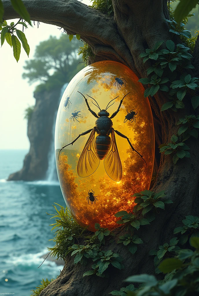Insect inside the tree resin and they on the tree trunk and the tree is in the waterfall and the waterfall is on the island and the island is on the sea and the sea is inside the map