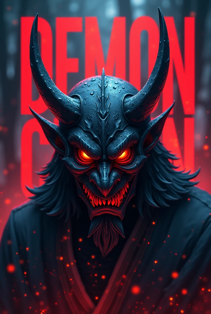 In anime style a Oni Mask with Word DEMON CLAN in background